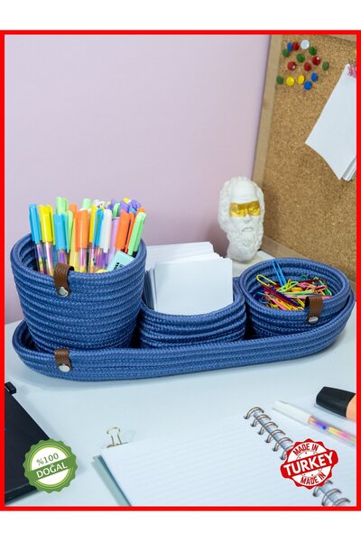 OneSize Set de birou și suport pentru pix cu funie de iută naturală albastră ...