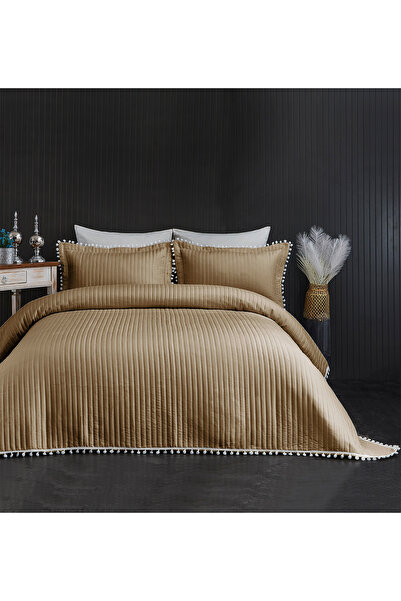 Evlen Home Collection Ponponlu Çift Kişilik Kapitone %100 Pamuk Yatak Örtüsü ( Pike ) Takımı Kahve