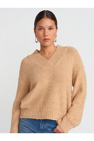 Dilvin 10661 Model V-Neck Beige Boucle Knitwear Sweater