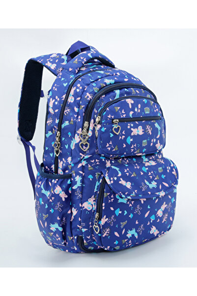 Bonfino Animal & Trees Backpack for Kids with Dual Compartments, 5 Years+, Navy - 18 Inches