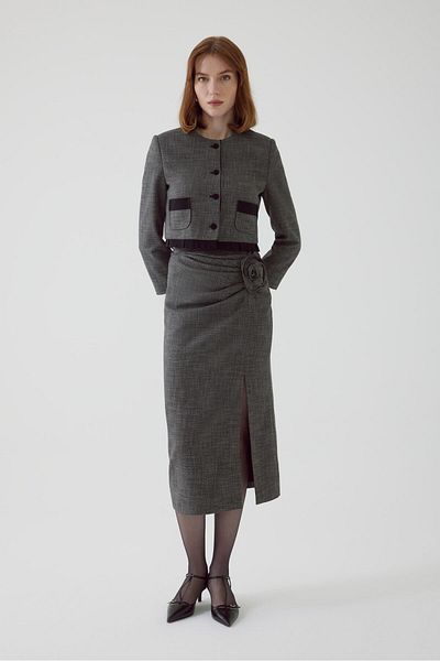 Exquise Anthracite Colored Slit Floral Patterned Skirt