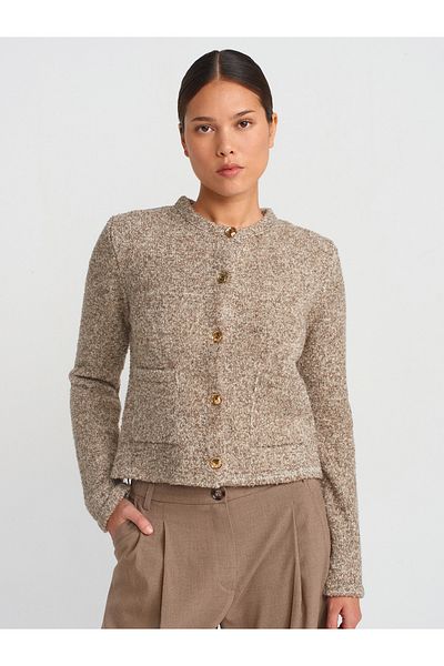 Dilvin 60923 Mink Crew Neck Knitwear Cardigan with Boucle Pockets and Buttons