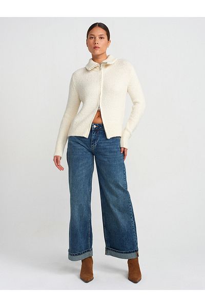 Dilvin 71743 - Wide Cut Blue Denim Trousers, Curly Leg