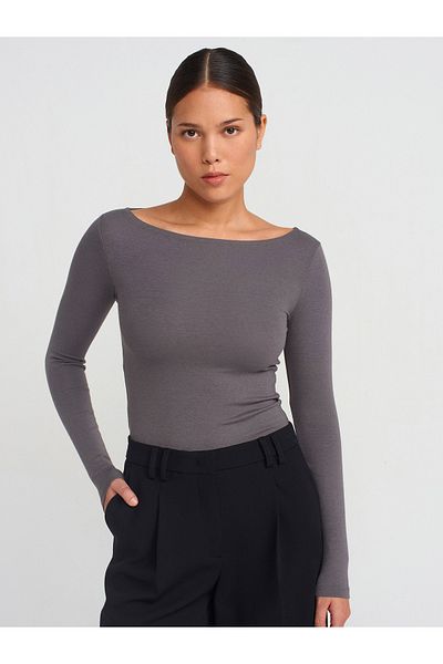 Dilvin 31332 Model Boat Neck Long Sleeve - Smoked Top