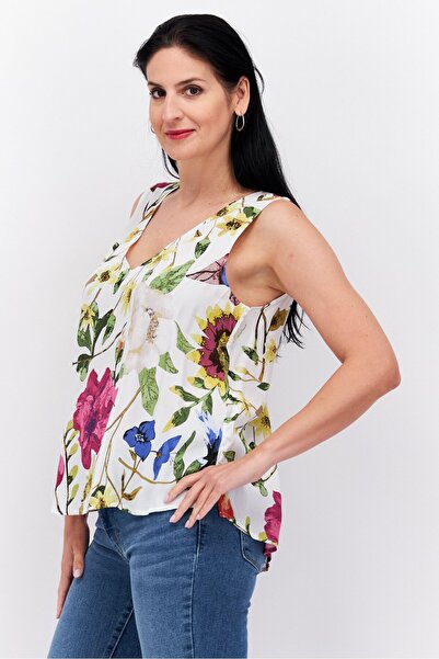 Esprit Women V Neck Sleeveless Floral Print Tank Top, White Combo