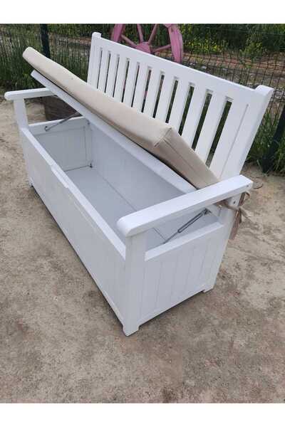 BUĞLEM 120*45*45h Şükran Dekor Beyaz Ahşap Bahçe Teras Ev Sandıklı Sedir Bank Depolama Sandığı