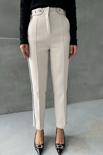 Seda Yalçın Atelier Beige Waist Pearl Detail Black Stripe Tweed Trousers