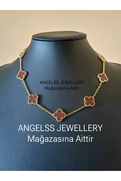 ANGELSS JEWELLERY قلادة البرسيم الذهبية باللون العنابي (قلادة البرسيم الخماسية باللون العنابي موديل YONCA)