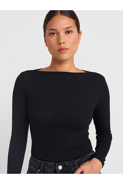 Dilvin 31462 Boat Neck Long Sleeve Ball-Black