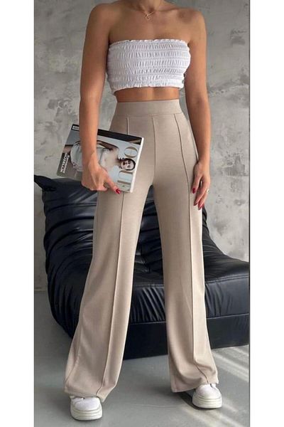 dorsha Women's Cream High Waist Ribbed Wide Leg Casual Leggings Pants (100% Cotton)