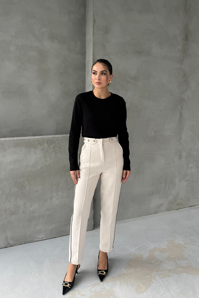 Seda Yalçın Atelier Beige Waist Pearl Detail Black Stripe Tweed Trousers