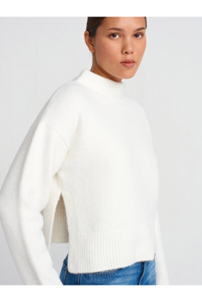 Dilvin 10664 Guler vertical Textura moale Tricoturi cu fantă Pulover-Ecru