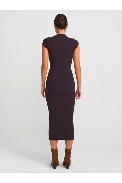 Dilvin 91296 Stand Collar Midi Dress-Dark Brown