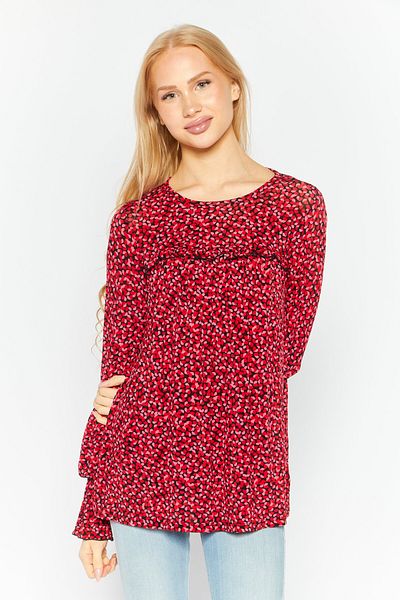 Michael Kors Women Crew Neck Long Sleeves Allover Print Blouse, Red