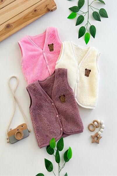 BEBENAZ kız bebek welsoftlu önden çıtçıtlı ayıcık armalı 3'lü bebek peluş yelek