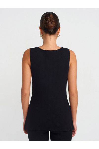 Dilvin 60291 Crew Neck Buttoned Knitwear Vest-Black