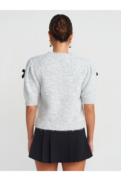Dilvin 10673 Gray Melange Knitwear Sweater with Crew Neck and Bow Detail - Short Sleeve