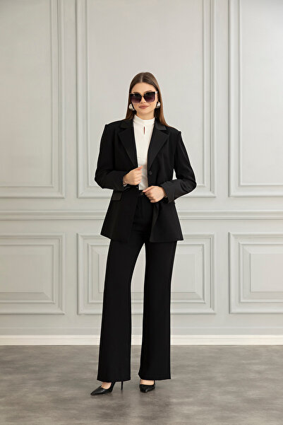 Abay Astarlı Saten Detaylı Blazer Ceket Pantolon Takım