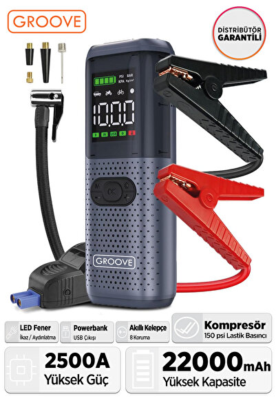 Groove HCB002 22000mAh 2500A Akü Takviye Cihazı + Lastik Şişirme Kompresörü Taşınabilir Jump Starter