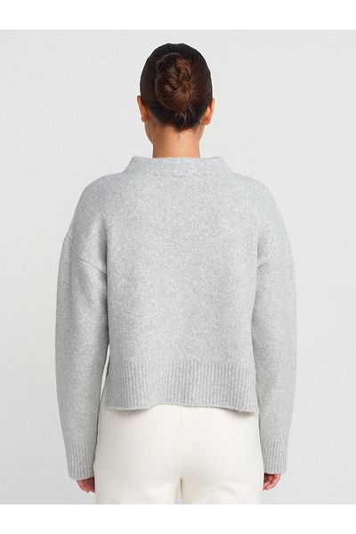 Dilvin 10664 Stand Collar Soft Textured Slit Knitwear Sweater-Gray