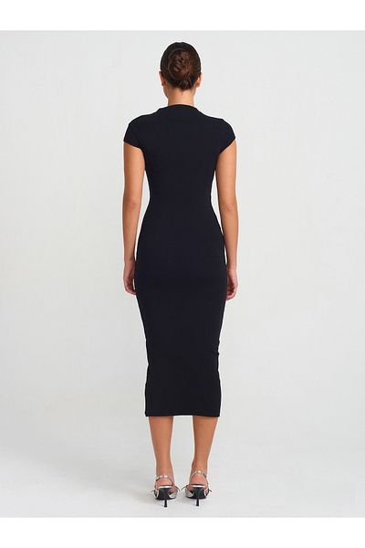 Dilvin 91296 Rochie midi cu guler ridicat-Negru
