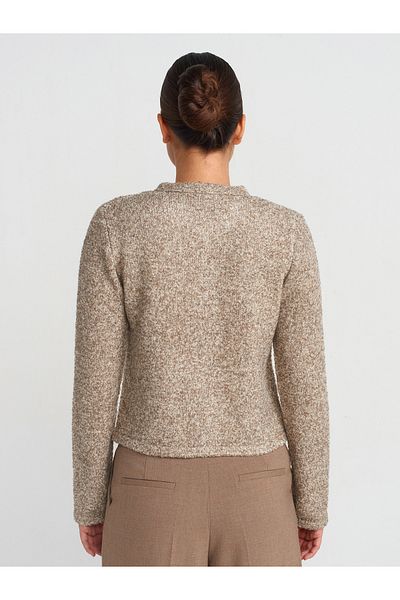 Dilvin 60923 Mink Crew Neck Knitwear Cardigan with Boucle Pockets and Buttons