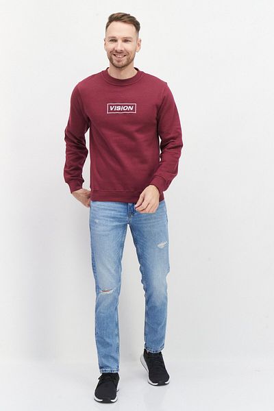 Vision Street Wear Men Crew Neck Long Sleeve Embroidered Logo Sweatshirt, Burgundy