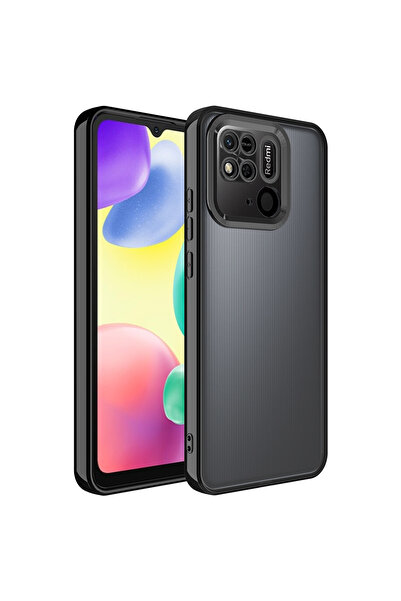 Techaks Redmi 10C Kılıf Kamera Lens Korumalı Kenarları Renkli Logo Gösteren Omega Kapak - Siyah