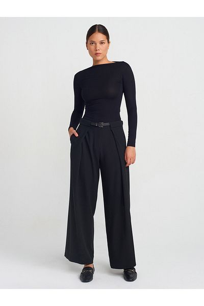 Dilvin 71577 Belted and Pleated Trousers-Black