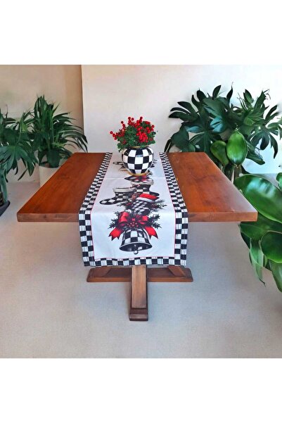 Satori Design Yeni Yıl Temalı Siyah&Beyaz Dama Desenli Runner/Masa Örtüsü