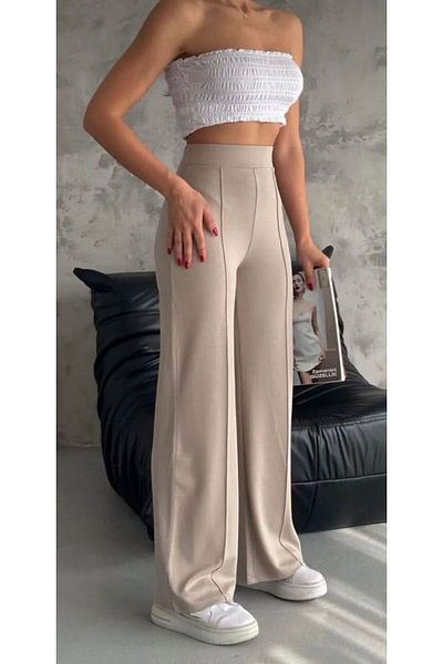 dorsha Women's Cream High Waist Ribbed Wide Leg Casual Leggings Pants (100% Cotton)