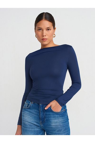 Dilvin 31213 Boat Neck Long Sleeve Ball-Navy