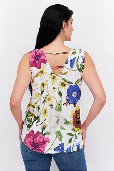 Esprit Women V Neck Sleeveless Floral Print Tank Top, White Combo