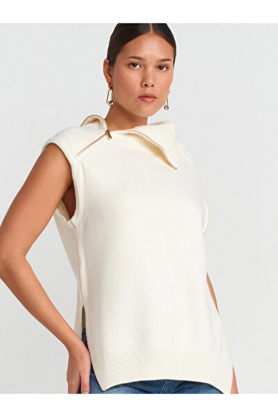 Dilvin 10667 Πλεκτό πουλόβερ με φερμουάρ-Εκρού Μ.