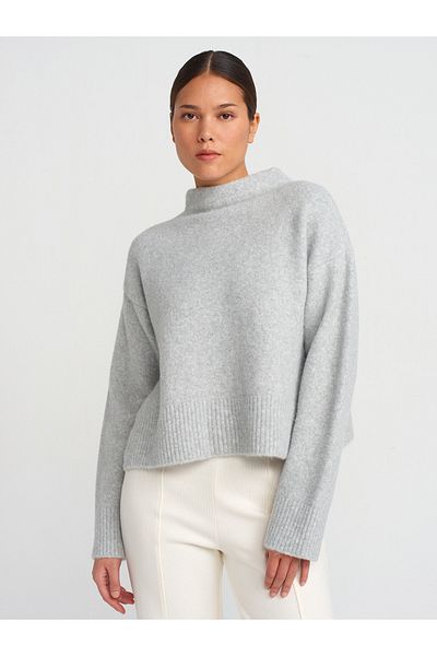 Dilvin 10664 Stand Collar Soft Textured Slit Knitwear Sweater-Gray