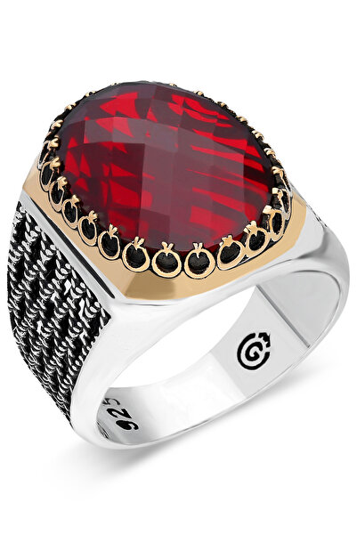 OTTOTESBİH Kırmızı Zirkon Taşlı Erkek Yüzük Erkek Gümüş Yüzük