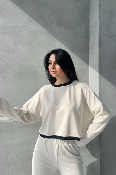 Seda Yalçın Atelier Cream Ribbed Long Sleeve Crop Pants Set