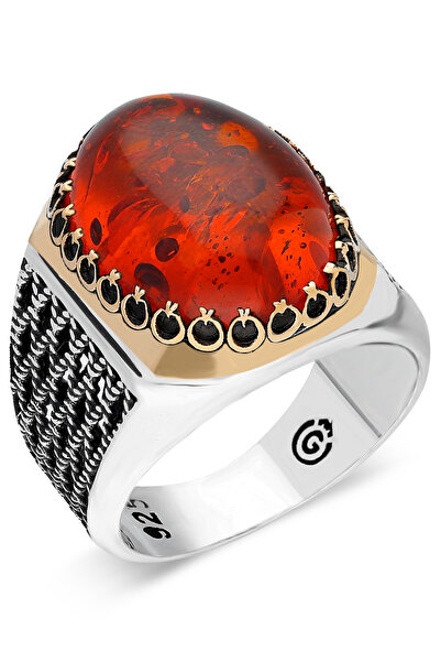 OTTOTESBİH Doğal Kehribar Taşlı Erkek Yüzük Erkek Gümüş Yüzük