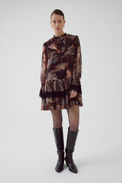 Exquise Patterned Regular Mini Dress - with Belt and Tie Detail
