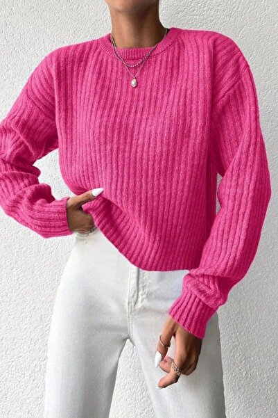 Miss Poem Γυναικείο πουλόβερ με λαιμόκοψη Winter Basic oversized Μακρύ Φούξια...