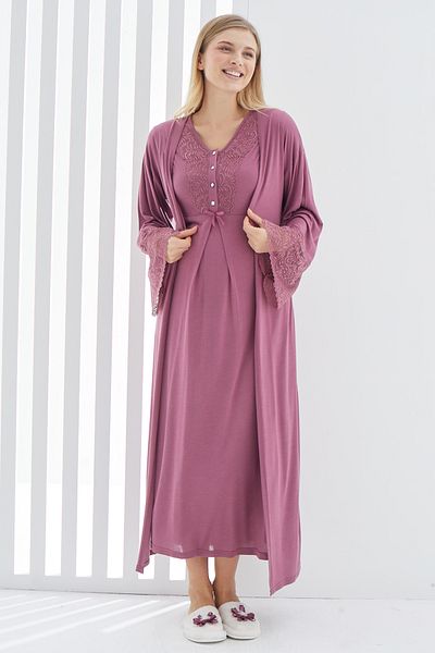 ERDENİZ TEKSTİL Maternity Set with Nightgown and Dressing Gown/Cotton Maternity Set/Short Sleeve Nightgown/Guipure, Bias Collar