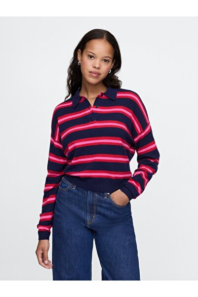 GAP Kadın Pembe CashSoft Relaxed Polo Kazak