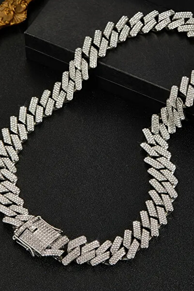 laria jewelry Taşlı Büyük Küba Zincir Kolye Silver