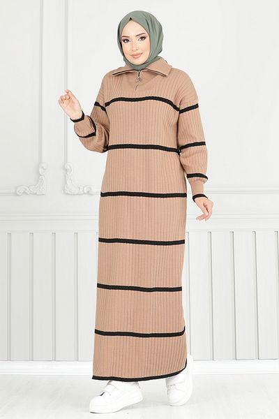 ModaMerve Rochie din tricotaje Latte - Jumătate cu fermoar, Model 6013KLN1035-M