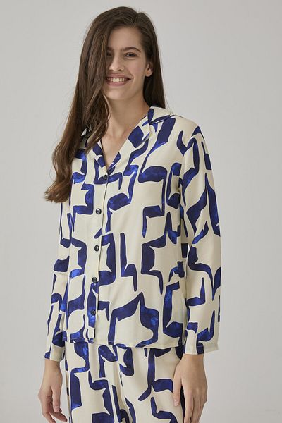 Pamuk & Pamuk Women's Blue-White Patterned Men's Collar Pjamas Set