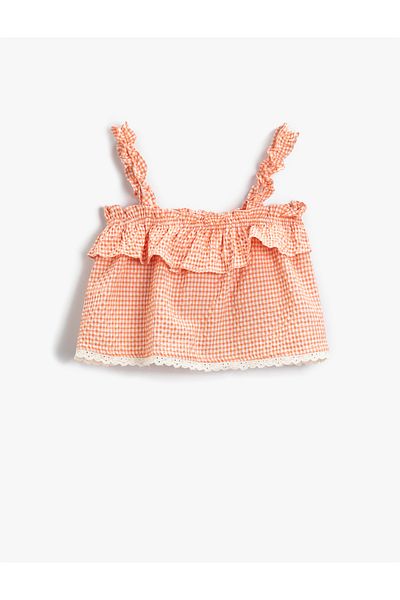 Koton Floral Embroidered Gingham Ruffle Strap Blouse