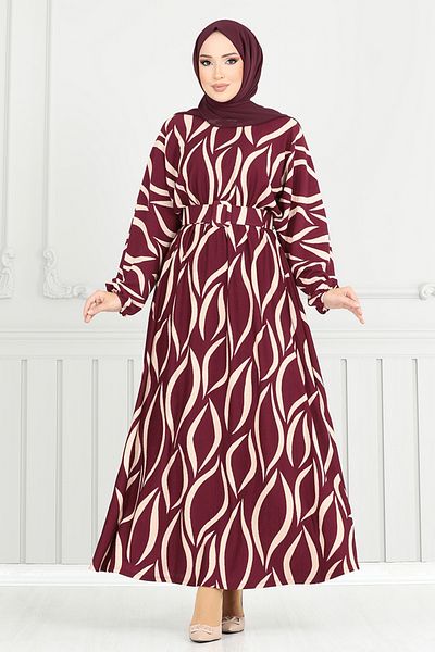 ModaMerve Claret Red μοτίβο μανσέτα ελαστικό φόρεμα - 4026TGE913-M