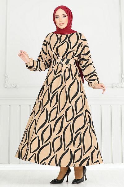 ModaMerve Rochie cu imprimeu latte - Manșetă elastică, Model 4026TGE913-M