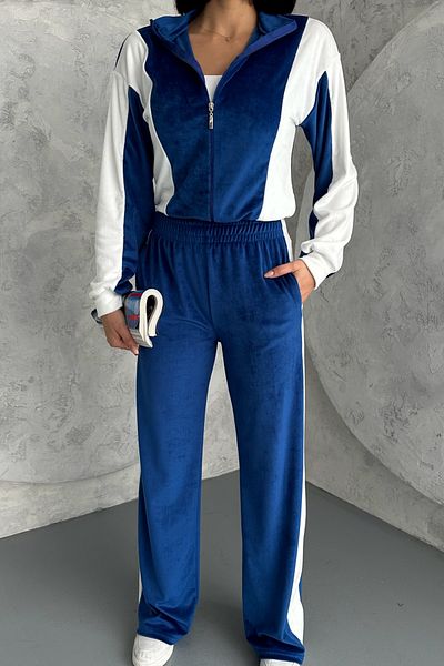 Ded COLLECTION Women's Velvet Fabric White Stripe Detailed Zippered Top Wide Leg Tracksuit Set
