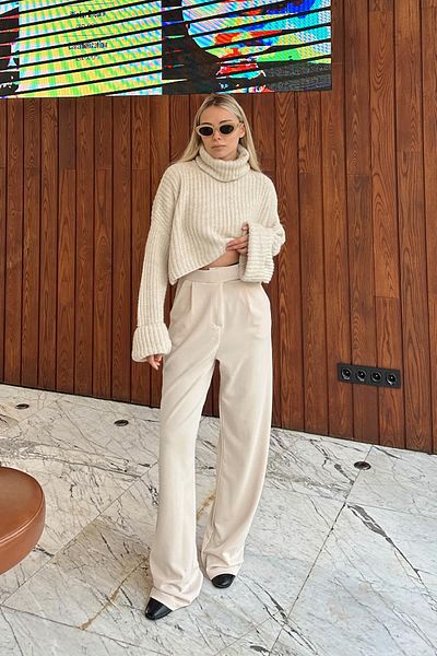 Swist Beige Kate Bequeme Palazzo-Hose für Damen mit Klettverschluss in der Taille